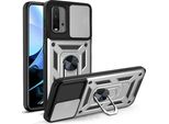 Xiaomi Poco M3 Custodia Con Anello Magnetico Girevole A 360° Supporto Per Fotocamera Slide Protection Tpu Bumper Silicone Protective Case Per Xiaomi Poco M3 Silver