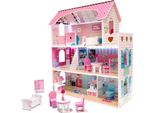 Casa Delle Bambole In Legno Mdf + Mobili 70 Cm Rosa Led