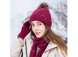 Set Di Sciarpa, Berretto E Guanti Invernali In Maglia Calda, Cappello Morbido Ed Elasticizzato Con Morbidi Pompon, Sciarpa E Guanti Per Uomo E Donna, Rosso Vino
