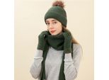 Set Di Sciarpa, Berretto E Guanti Invernali In Maglia, Cappello Morbido Ed Elasticizzato Con Morbidi Pompon, Sciarpa E Guanti Per Uomo E Donna, Verde Militare