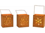 Lanterna In Look Ruggine 3 Pezzi - Natale - Abete, Cervo, Fiocco Di Neve