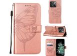 Oneplus 10T 5G Case, Butterfly Emboss Flip Custodia In Pelle Con Slot Per Schede E Stand Per Oneplus 10T 5G Rose Gold