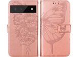 Google Pixel 6 Case, Farfalla In Rilievo Flip Custodia In Pelle Titolare Di Carta Con Stand Per Google Pixel 6 Rose Gold