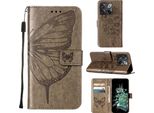 Oneplus 10T 5G Case, Butterfly Emboss Flip Custodia In Pelle Con Slot Per Schede E Stand Per Oneplus 10T 5G Grigio