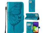 Galaxy A22 4G Case, Butterfly Relief Flip Custodia In Pelle Con Slot Per Schede E Stand Per Samsung Galaxy A22 4G Blu