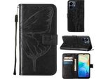 Vivo Y77 5G Case, Farfalla Rilievo Flip Custodia In Pelle Con Tasca Per Carte E Stand Per Vivo Y77 5G Nero
