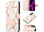 Custodia Per Samsung Galaxy S23+, Custodia In Finto Cuoio Con Motivo A Marmi, Tasche Per Carte, Custodia Stand Rosa E Bianca