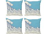 Abakuhaus Set Di Federe Nautiche (4 Pezzi), Onde Astratte Doodle, Stampa Digitale Moderna Su Entrambi I Lati, 45 Cm X 45 Cm, Crema E Blu