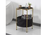 Tavolino Suonenjoki Con Cesto Portaoggetti Tavolino Da Salotto Tavolino Da Letto Rotondo 59X47Cm Colore Oro / Aspetto Marmo Nero