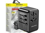 Adattatore Di Rete Awei 2Xusb+3Xusb-C C-40 65W4W1 Us/Au/Eu/Uk Nero/Nero Caricatore Universale Da Viaggio Gan