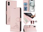 Custodia In Pelle Per Iphone X/Iphone Xs, Dolce Gatto Custodia Flip Con Funzione Stand E Portafoglio Rosa