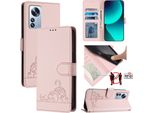 Custodia In Pelle Per Xiaomi 12 Pro/Xiaomi 12S Pro, Dolce Gatto Flip Case Con Funzione Stand E Portafoglio Rosa