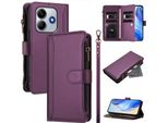 Custodia Per Xiaomi Redmi Note 14 4G, Con Cerniera, Portafoglio In Finto Cuoio Con Tasche Per Carte, Supporto E Passante Per Mano Viola