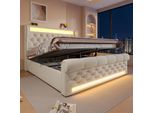 Letto Imbottito Idraulico Flieks 160X200Cm Con Usb E Type-C, Letto Per Ragazzi Letto Matrimoniale Con Led, Letto Contenitore Letto Per Bambini Con Rete A Doghe, Velluto, Beige