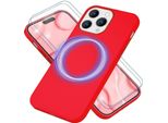Custodia Magsafe Con 2X Vetro Protettivo Per Iphone 14 Pro, Cover In Silicone Facile Da Pulire Rosso
