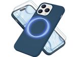 Custodia Magsafe Con 2X Vetro Protettivo Per Iphone 14 Pro Max, Custodia In Silicone Facile Da Pulire Blu