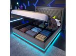 Letto Imbottito Flieks 180X200Cm Con Usb E Type-C, Letto Matrimoniale Per Ragazzi Con Led, Letto Contenitore Idraulico Con Rete A Doghe, Cotone, Grigio