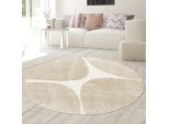 Tappeto Moderno A Pelo Alto Con Accenti Beige Morbido, Accogliente, Di Facile Manutenzione Con Motivo Organico In Crema Beige Dimensioni - 200 Cm Rotondo