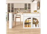 Tavolo Da Bar Allungabile Flieks Con Vano Portaoggetti, Bar Girevole A 360° 138-204X39X104 Cm, Tavolo Alto Da Cucina A Isola Con Ripiani E Ante In Vetro, Bianco