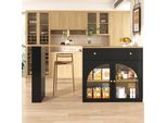 Tavolo Da Bar Allungabile Flieks Con Vano Portaoggetti, Bar Da Pranzo Girevole A 360° 138-204X39X104 Cm, Tavolo Alto Da Cucina A Isola Con Ripiani E Ante In Vetro, Nero