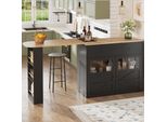 Tavolo Da Bar Allungabile Flieks Con Vano Portaoggetti, Bar Da Pranzo Girevole A 360° 138-204X39X104 Cm, Tavolo Alto Da Cucina A Isola Con Ripiani E Ante In Vetro, Nero
