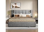 Unboxg Letto Imbottito 140X200Cm, Letto Matrimoniale, Testata Con Vano Contenitore, Illuminazione A Led Sulla Testata Del Letto, Con Vano Contenitore Idraulico, Lino, Grigio