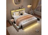 Unboxg Letto Imbottito 160X200Cm Letto Matrimoniale Struttura Letto Con 4 Cassetti, Letto Imbottito Con Led E Connessione Di Ricarica USB-C, Letto Contenitore Letto Funzionale Con Rete A Doghe, In Lino, Stile Retrò, Beige