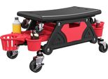 Homcom Sgabello Da Officina Con Rotelle Sedile Estraibile, Piano Di Appoggio, Cassetto, Altezza 33 Cm Sgabello Rotante Con Portata Fino A 135 Kg Per Officina Rosso
