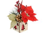 Winterliche Kunstpflanze I.Ge.A. "Gesteck Mit Poinsettia Im Topf, Weihnachtsstern, Weihnachtsdeko", Rot, H:26Cm Ø:15Cm, Kunststoff, Polyester, Kunstpflanzen, Kunstblumen-Gesteck Mit Beeren, Zapfen Und Tannenzweigen