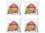 Abakuhaus Set Di Federe Natalizie (4 Pezzi), Casa Caricaturale, Stampa Digitale Moderna Su Entrambi I Lati, 50 Cm X 50 Cm, Caramello Verde Bianco
