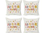 Abakuhaus Set Di Federe Per Cuscini Adventure (4 Pezzi), Parole Doodle Cartoon, Stampa Digitale Moderna Su Entrambi I Lati, 60 Cm X 60 Cm, Multicolore