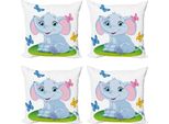 Abakuhaus Set Di Federe Per Cuscini Da Asilo (4 Pezzi), Elefante Sul Prato, Stampa Digitale Moderna Su Entrambi I Lati, 45 Cm X 45 Cm, Azzurro-Rosa-Verde