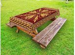 Abakuhaus Tovaglia Greek Key Outdoor, Design Vintage Con Motivo A Campo Con Labirinto Greco E Fiori A Foglia Riccia, Giallo Rubino, 145X265 Cm