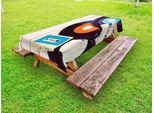 Abakuhaus Tovaglia Indie Per Esterni, Dischi In Vinile E Vecchie Audiocassette Su Tavolo In Legno, Motivo Fotografico Musicale Nostalgico, Blu Arancione Nero, 145X305 Cm