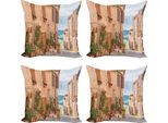 Abakuhaus Set Di Federe Per Cuscini Mediterranei (4 Pezzi), Medieval Old Village, Stampa Digitale Moderna Su Entrambi I Lati, 40 Cm X 40 Cm, Marrone