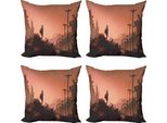 Abakuhaus Set Di Federe Fantasia (4 Pezzi), Scena Urbana Abbandonata, Stampa Digitale Moderna Su Entrambi I Lati, 50 Cm X 50 Cm, Rosa Rosso