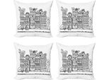 Abakuhaus Set Di Federe Moderne (4 Pezzi), Casa Caricaturale Effimera, Stampa Digitale Moderna Su Entrambi I Lati, 40 Cm X 40 Cm, Bianco E Nero