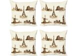 Abakuhaus Set Di Federe (4 Pezzi), Città Europee, Stampa Digitale Moderna Su Entrambi I Lati, 50 Cm X 50 Cm, Marrone E Crema