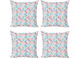 Abakuhaus Set Di Federe Per Cuscini Vintage (4 Pezzi), Fiori-Rose-Teiera, Stampa Digitale Moderna Su Entrambi I Lati, 60 Cm X 60 Cm, Azzurro E Rosa Pallido
