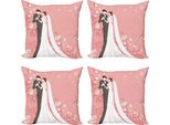 Set Di Federe Per Cuscini Da Matrimonio Abakuhaus (4 Pezzi), Sposi Che Ballano Con Fiori, Stampa Digitale Moderna Su Entrambi I Lati, 40 Cm X 40 Cm, Rosa-Nero-Bianco