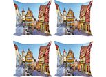 Abakuhaus Set Di Federe Tedesche (4 Pezzi), Case Colorate Lungo La Strada, Stampa Digitale Moderna Su Entrambi I Lati, 50 Cm X 50 Cm, Multicolore