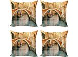 Abakuhaus Venezia Set Di Federe (4 Pezzi), Ponte Gondola, Stampa Digitale Moderna Su Entrambi I Lati, 40 Cm X 40 Cm, Arancione Avorio Blu Grigio