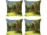 Abakuhaus Set Di Federe Per Cuscini Tiki Bar (4 Pezzi), Tropic Hut Woods, Stampa Digitale Moderna Su Entrambi I Lati, 60 Cm X 60 Cm, Verde, Blu, Marrone