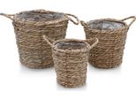 Cestino Per Piante In Seagrass Con Manico In Set Da 3 - Circa 25 / 20 / 15 Cm - Set Di Cestini Con Foglio Di Alluminio
