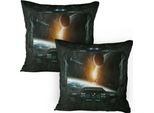 Abakuhaus Federa Per Cuscino Space Confezione Da 2, Paesaggio Di Pianeti Dalla Finestra Di Una Navicella Spaziale Astronauta Stazione Spaziale, Federa Per Cuscino Decorativa Stampata, 80X80 Cm, Arancione Grigio