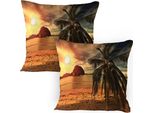 Abakuhaus Federa Per Cuscino Ocean Confezione Da 2, Havana Strant Soleggiato Tropici Montagne Rocce E Palme Da Cocco Stampa, Federa Per Cuscino Decorativa Stampata, 80X80 Cm, Verde Scuro Marrone Chiaro