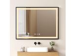 Emke Specchio Da Bagno Specchio Led 80X60Cm Specchio Da Bagno Illuminato Con Cornice Nera Interruttore A Sfioramento, Antiappannamento E Funzione Orologio