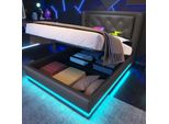 Letto Imbottito Flieks 90X200Cm Con Usb E Type-C, Letto Singolo Per Ragazzi Con Led, Letto Contenitore Idraulico Con Rete A Doghe, Pu, Nero