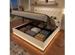Letto Imbottito Flieks 160X200Cm Con Usb E Type-C, Letto Matrimoniale Per Ragazzi Con Led, Letto Contenitore Idraulico Con Rete A Doghe, Pelle Finta, Bianco