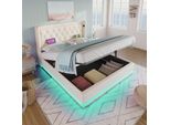 Letto Imbottito Flieks 180X200Cm Con Usb E Type-C, Letto Matrimoniale Per Ragazzi Con Led, Letto Contenitore Idraulico Con Rete A Doghe, Pelle Finta, Bianco